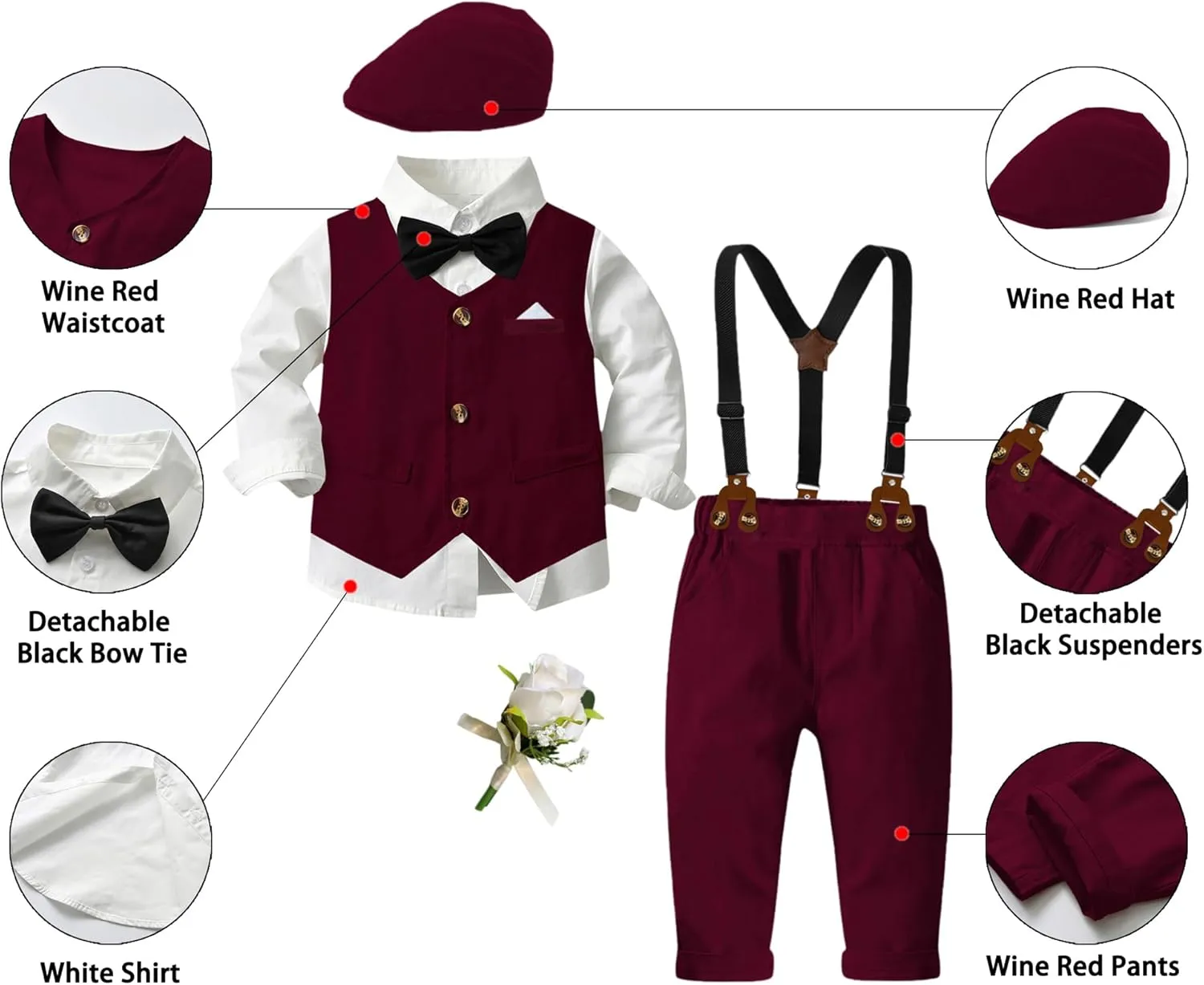 SANGTREE Boys Kids Little Boy Formal Suits Clothes Set, Shirt with Bow Tie Beret Hat Suspender Pants Sets, 3 Months - 9 Years