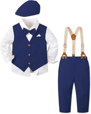 SANGTREE Boys Kids Little Boy Formal Suits Clothes Set, Shirt with Bow Tie Beret Hat Suspender Pants Sets, 3 Months - 9 Years