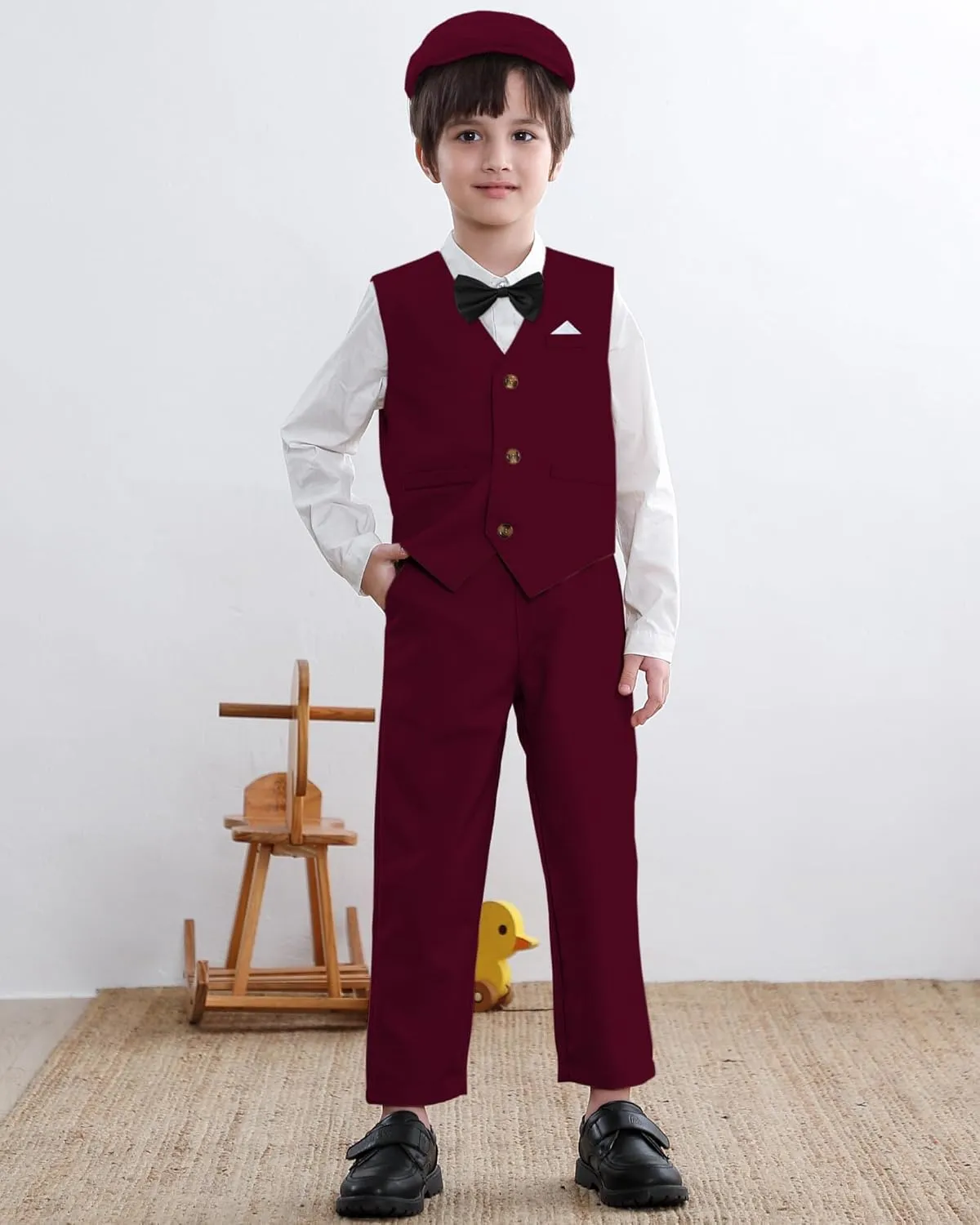 SANGTREE Boys Kids Little Boy Formal Suits Clothes Set, Shirt with Bow Tie Beret Hat Suspender Pants Sets, 3 Months - 9 Years