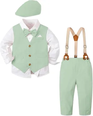 SANGTREE Boys Kids Little Boy Formal Suits Clothes Set, Shirt with Bow Tie Beret Hat Suspender Pants Sets, 3 Months - 9 Years