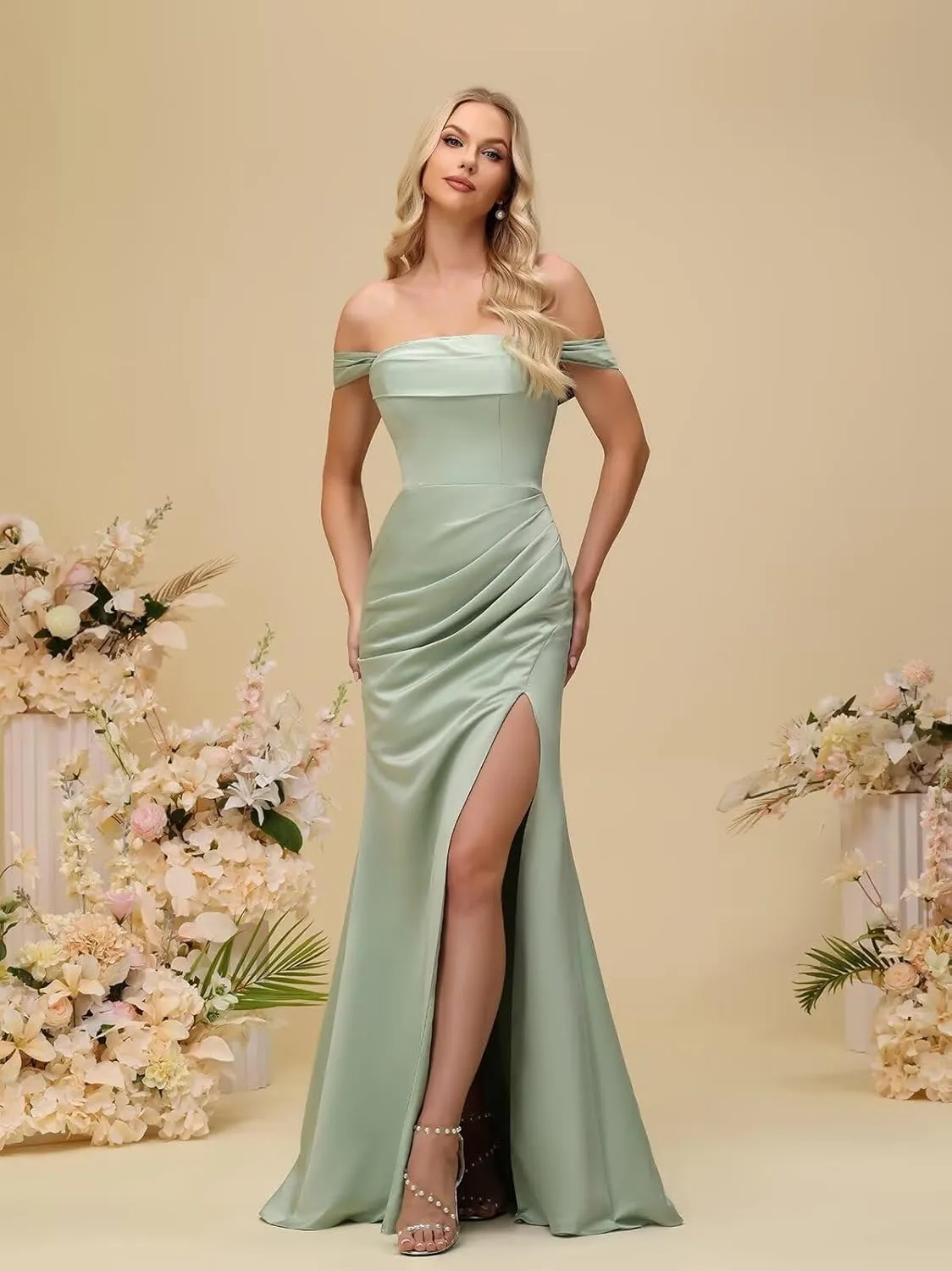 Satin Prom Dress 2025 Off Shoulder Long Bridesmaid Dresses Formal Cocktail Gown with Slit