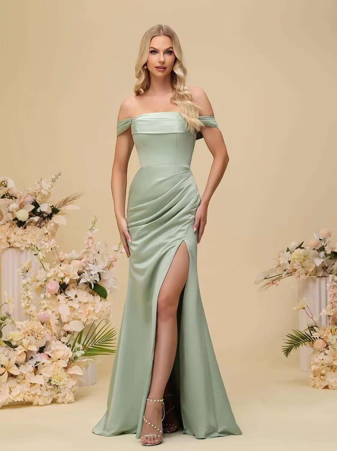 Satin Prom Dress 2025 Off Shoulder Long Bridesmaid Dresses Formal Cocktail Gown with Slit