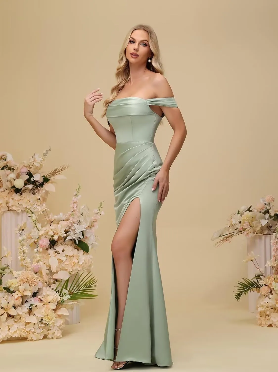 Satin Prom Dress 2025 Off Shoulder Long Bridesmaid Dresses Formal Cocktail Gown with Slit