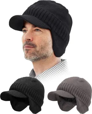 SATINIOR 2 Pcs Winter Beanie Hat with Brim for Men Women Warm Earflap Hat Knit Winter Visor Unisex Hat for Outdoor Activities Multicolored