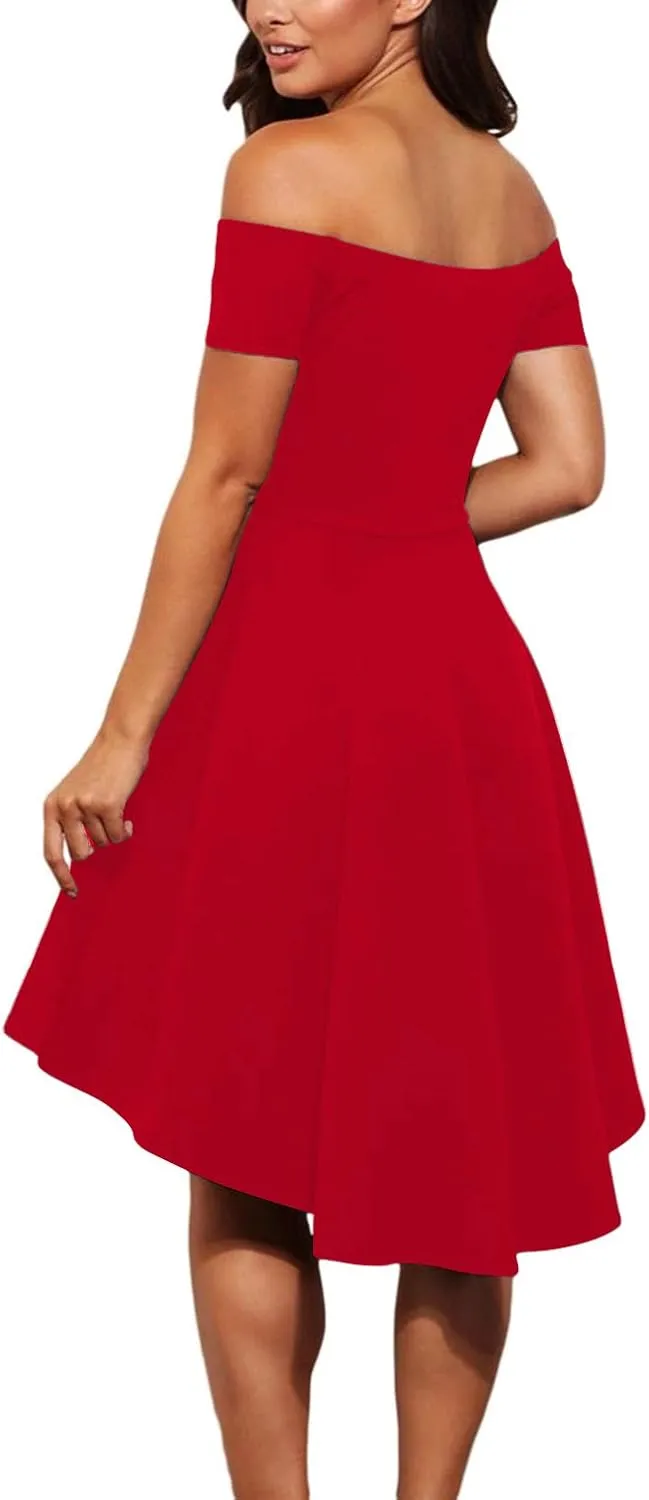 Shenbolen Womens Off Shoulder Short Sleeve Evening Dress Cocktail Skater Dresses