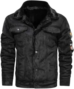Sherpa Bomber Jacket Men Vintage Faux Fur Motorcycle Biker Jacket Suede Leather Sherpa Lining Trucker Winter Coat
