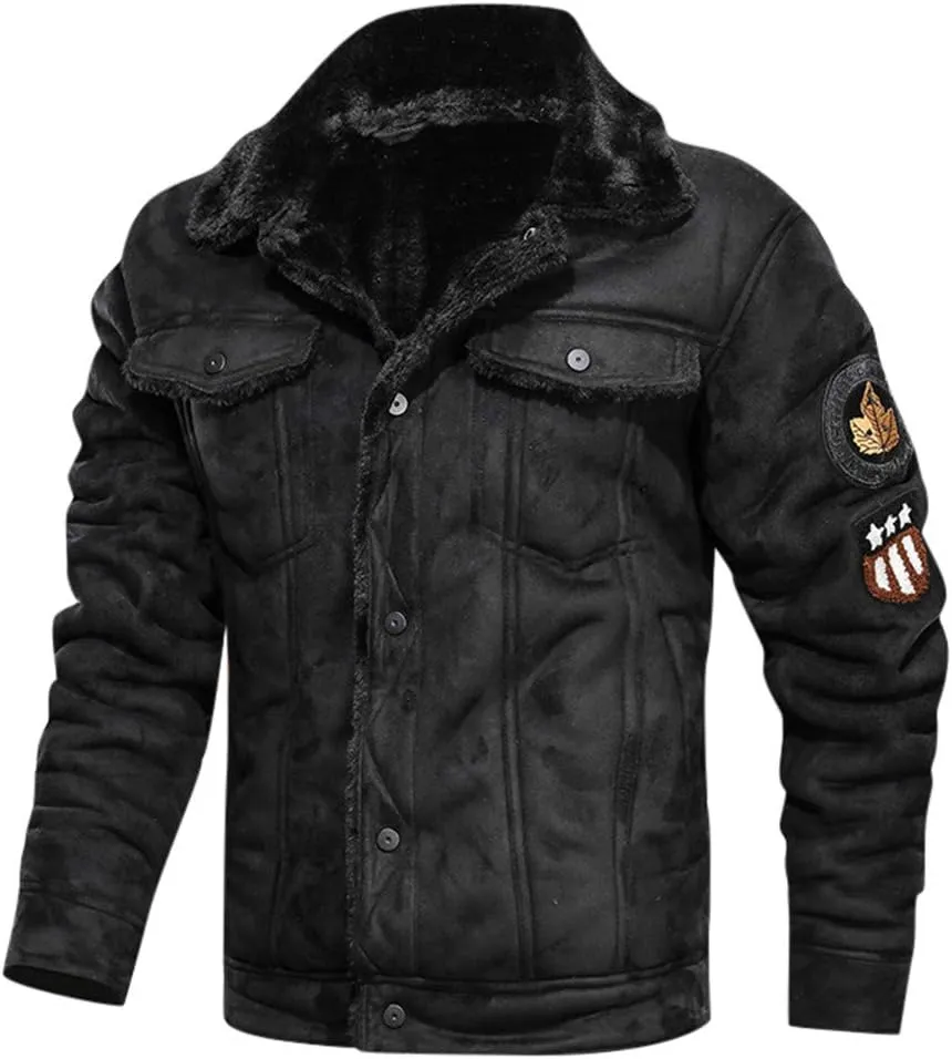 Sherpa Bomber Jacket Men Vintage Faux Fur Motorcycle Biker Jacket Suede Leather Sherpa Lining Trucker Winter Coat
