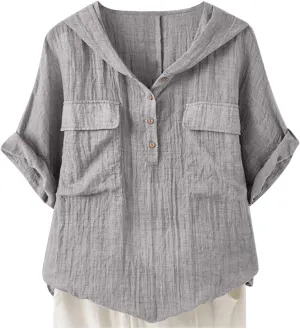 Short Sleeve Linen Hoodie for Women V-Neck Henley Shirt Summer Casual Roll Up Blouse Gauze Tunics Travel Tops