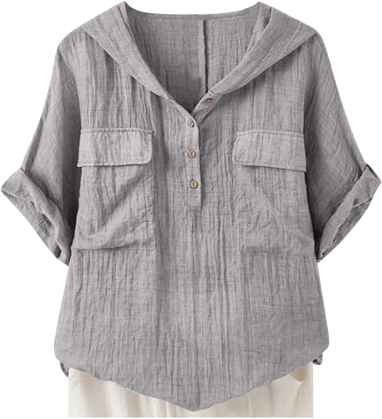 Short Sleeve Linen Hoodie for Women V-Neck Henley Shirt Summer Casual Roll Up Blouse Gauze Tunics Travel Tops
