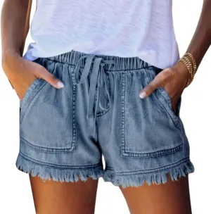 Smoneyful Jean Shorts Womens High Waisted Casual Pants Stretchy Loose Summer Bottoms High Rise Drawstring Denim Shorts Jeans