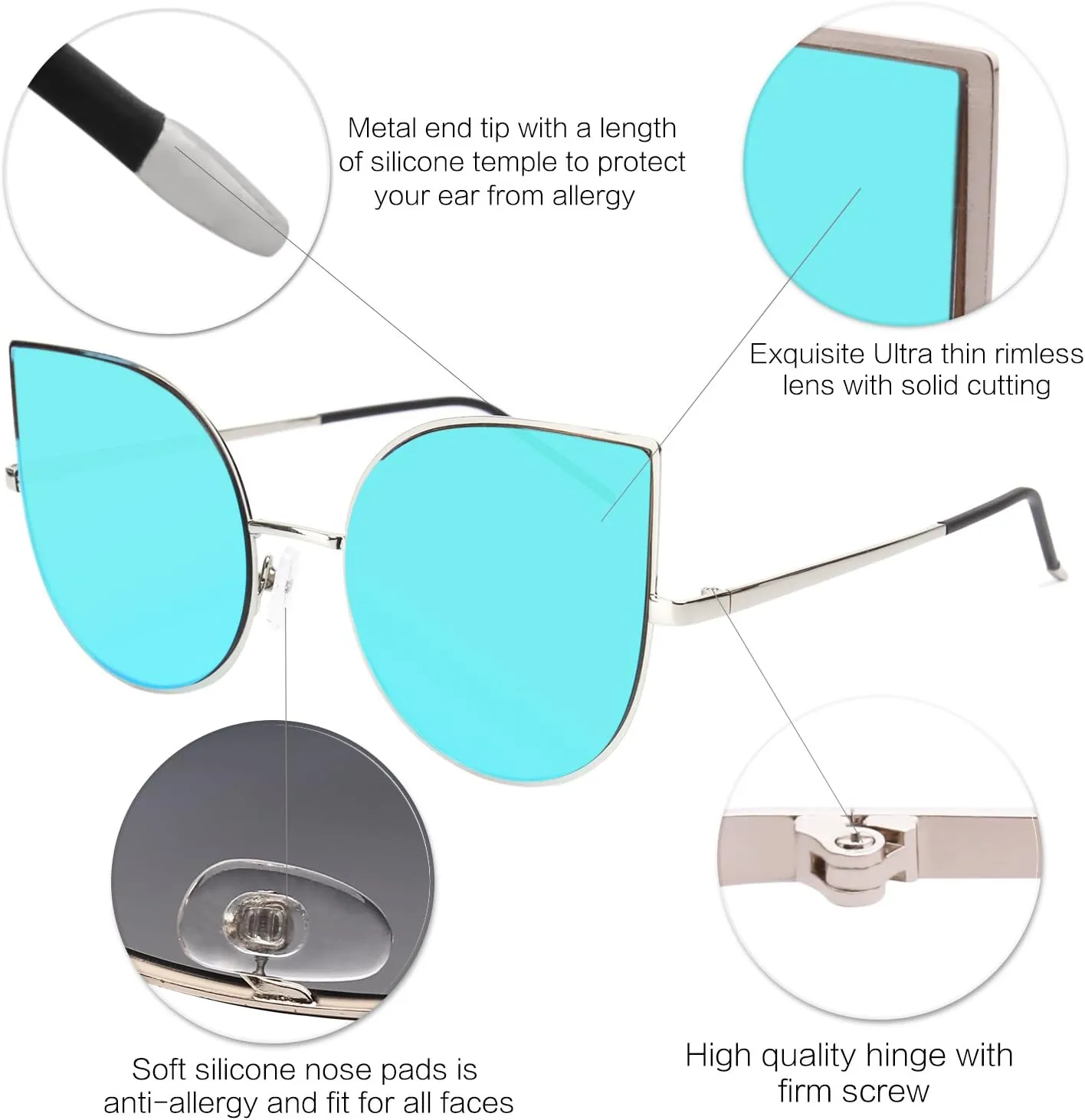 SOJOS Cat Eye Mirrored Flat Lenses Ultra Thin Light Metal Frame Women Sunglasses SJ1022