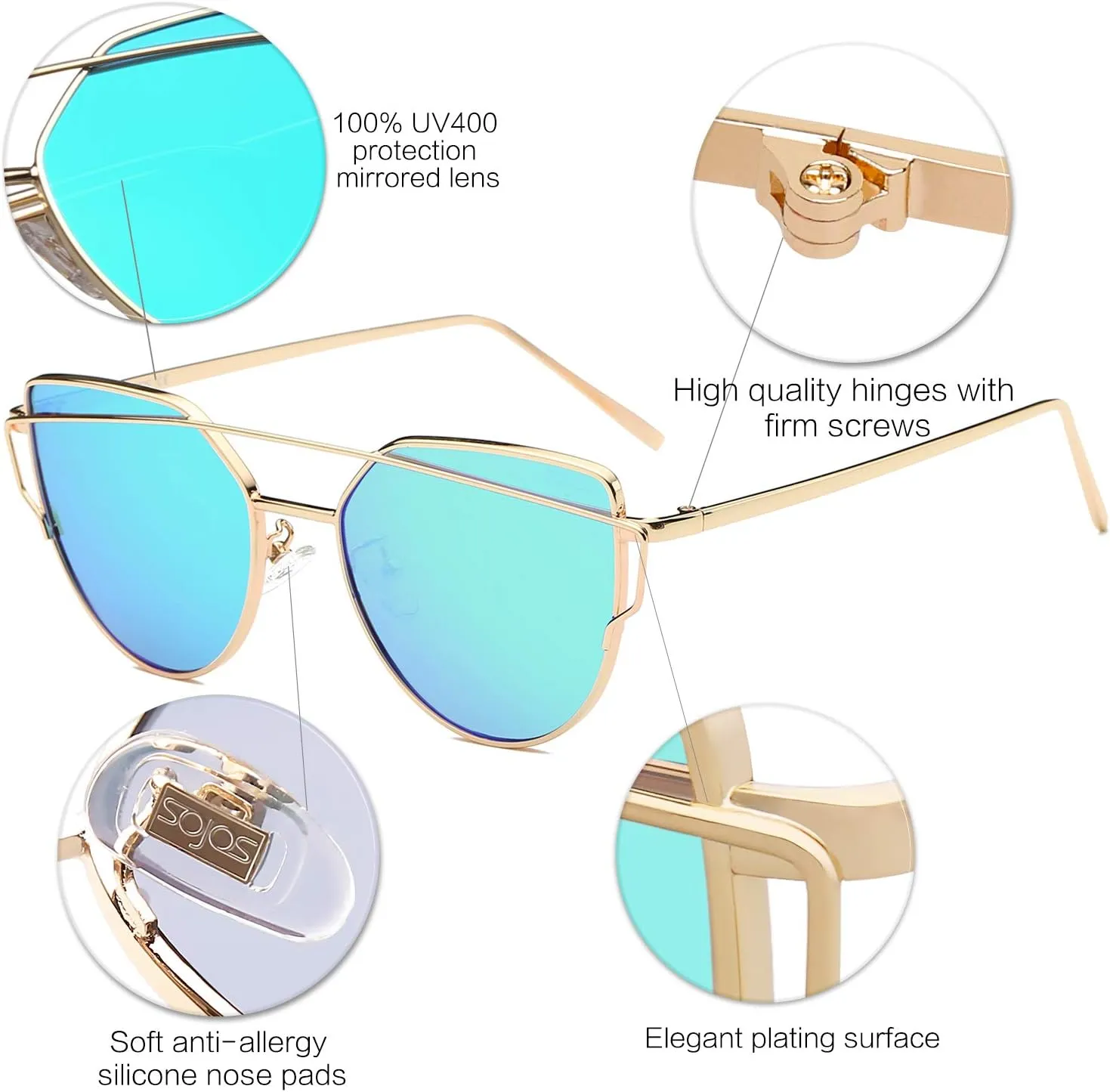 SOJOS Cat Eye Sunglasses for Women Fashion Designer Style Mirrored Lenses