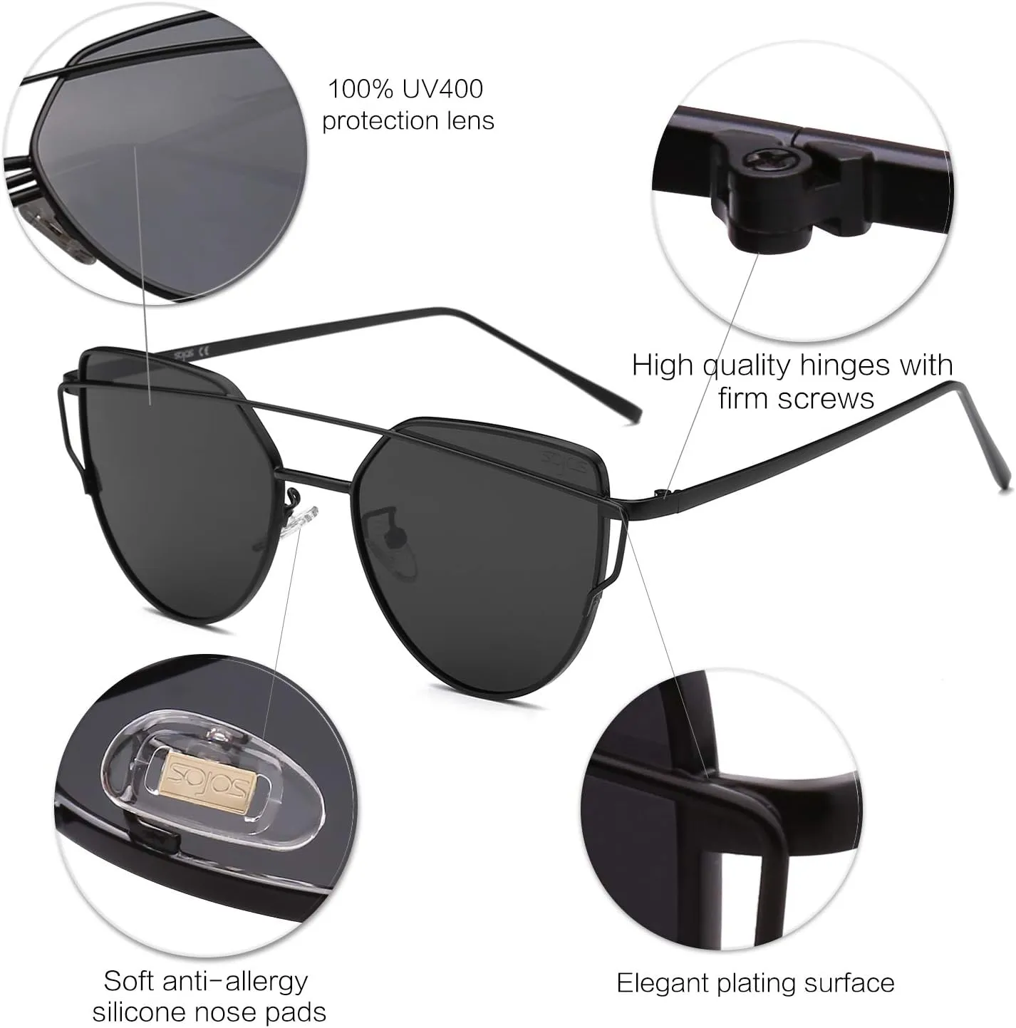 SOJOS Cat Eye Sunglasses for Women Fashion Designer Style Mirrored Lenses