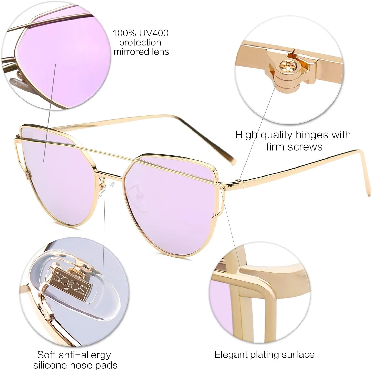 SOJOS Cat Eye Sunglasses for Women Fashion Designer Style Mirrored Lenses