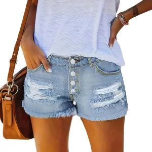 Stretch Denim Shorts Women High Waisted Pull On Loose Ripped Jean Shorts Raw Hem Cuffed Wide Leg Jorts with Pockets