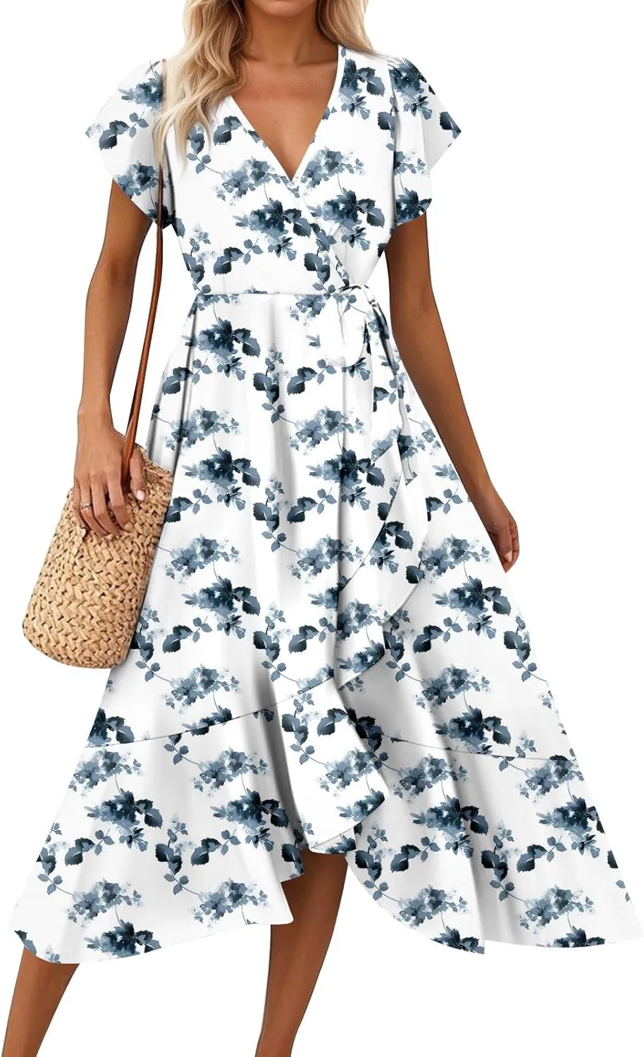 Summer Dresses for Women 2025 Floral Wrap V Neck Midi Dresses Fashion Short Sleeve A Line Sundress Flowy Casual Dress