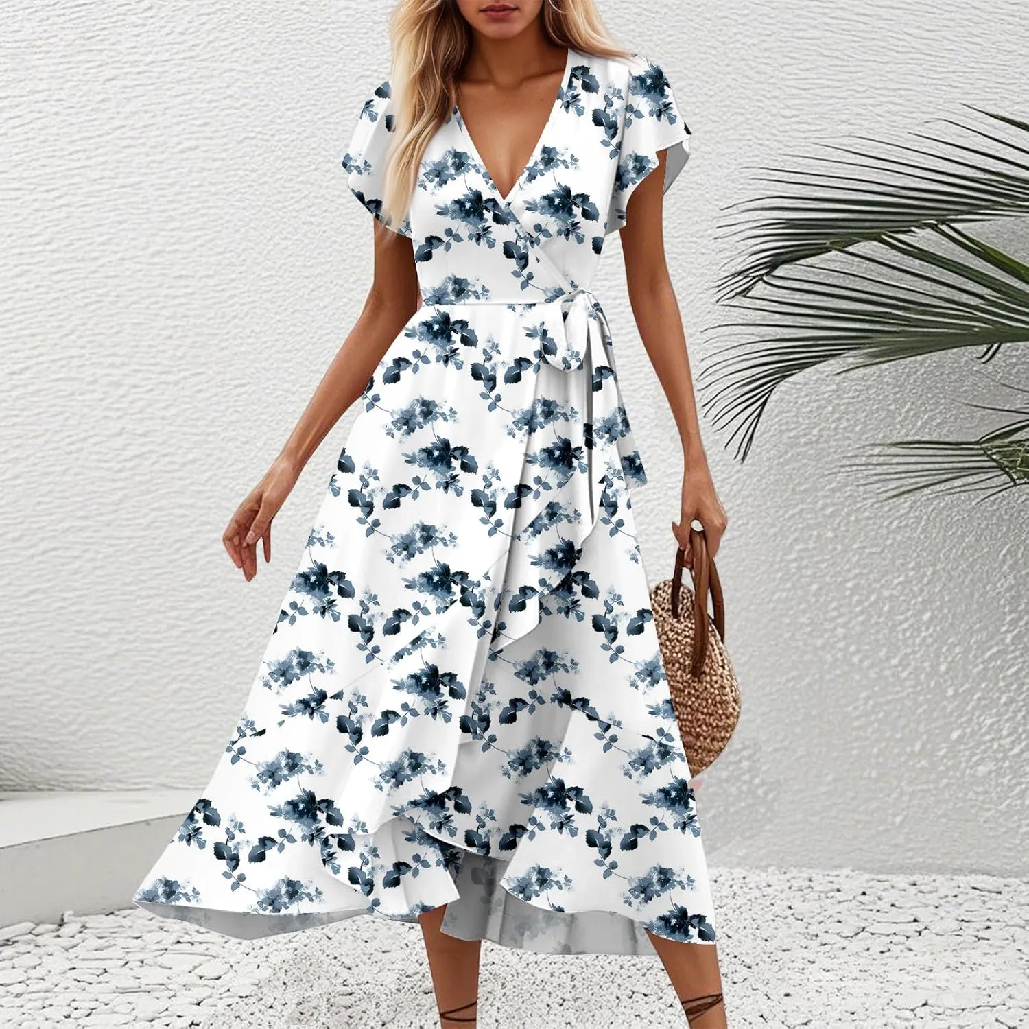 Summer Dresses for Women 2025 Floral Wrap V Neck Midi Dresses Fashion Short Sleeve A Line Sundress Flowy Casual Dress