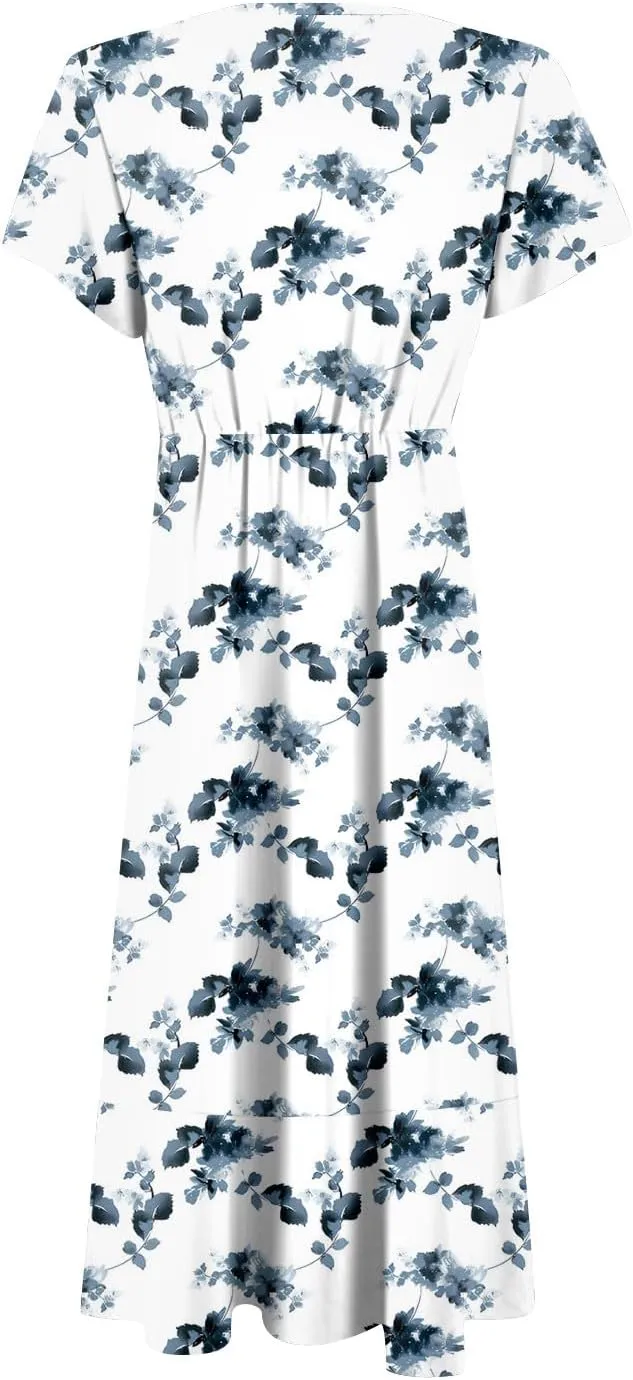 Summer Dresses for Women 2025 Floral Wrap V Neck Midi Dresses Fashion Short Sleeve A Line Sundress Flowy Casual Dress