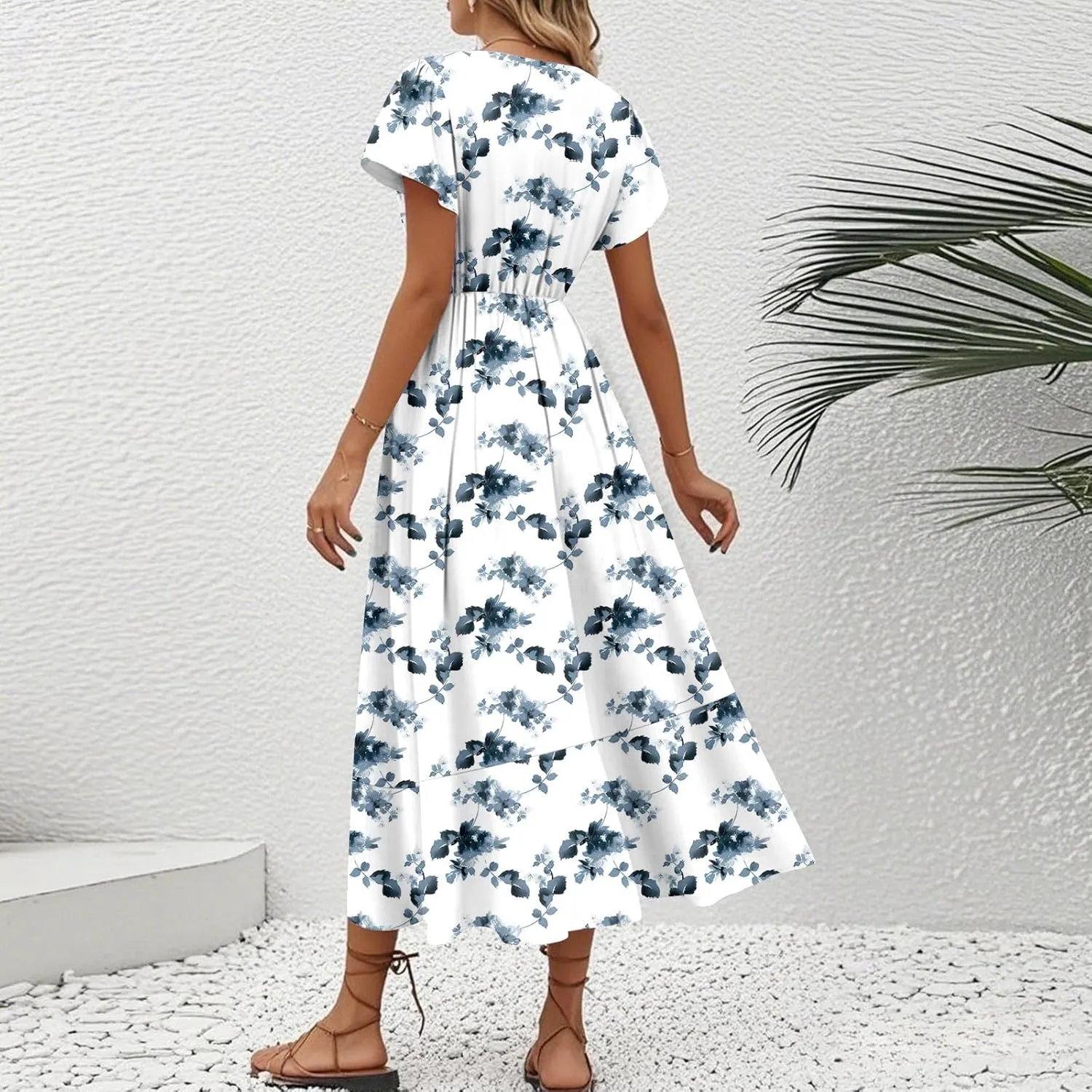 Summer Dresses for Women 2025 Floral Wrap V Neck Midi Dresses Fashion Short Sleeve A Line Sundress Flowy Casual Dress