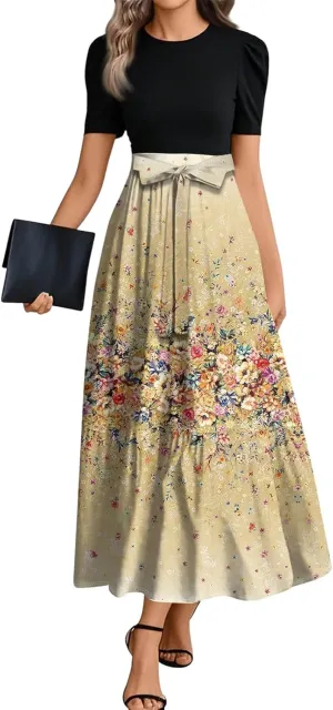 Summer Dresses for Women Elegant High Waist Maxi Dress Flowy Casual Long Dress A-Line Floral Printrd Dress with Belt