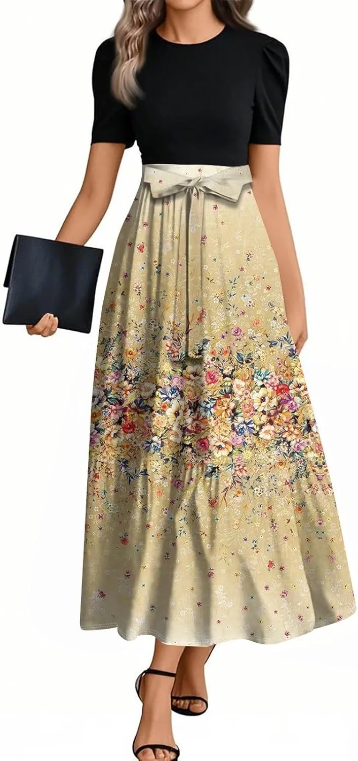 Summer Dresses for Women Elegant High Waist Maxi Dress Flowy Casual Long Dress A-Line Floral Printrd Dress with Belt