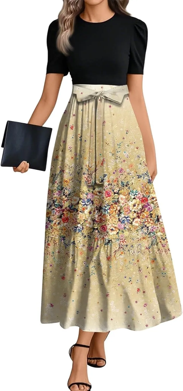 Summer Dresses for Women Elegant High Waist Maxi Dress Flowy Casual Long Dress A-Line Floral Printrd Dress with Belt