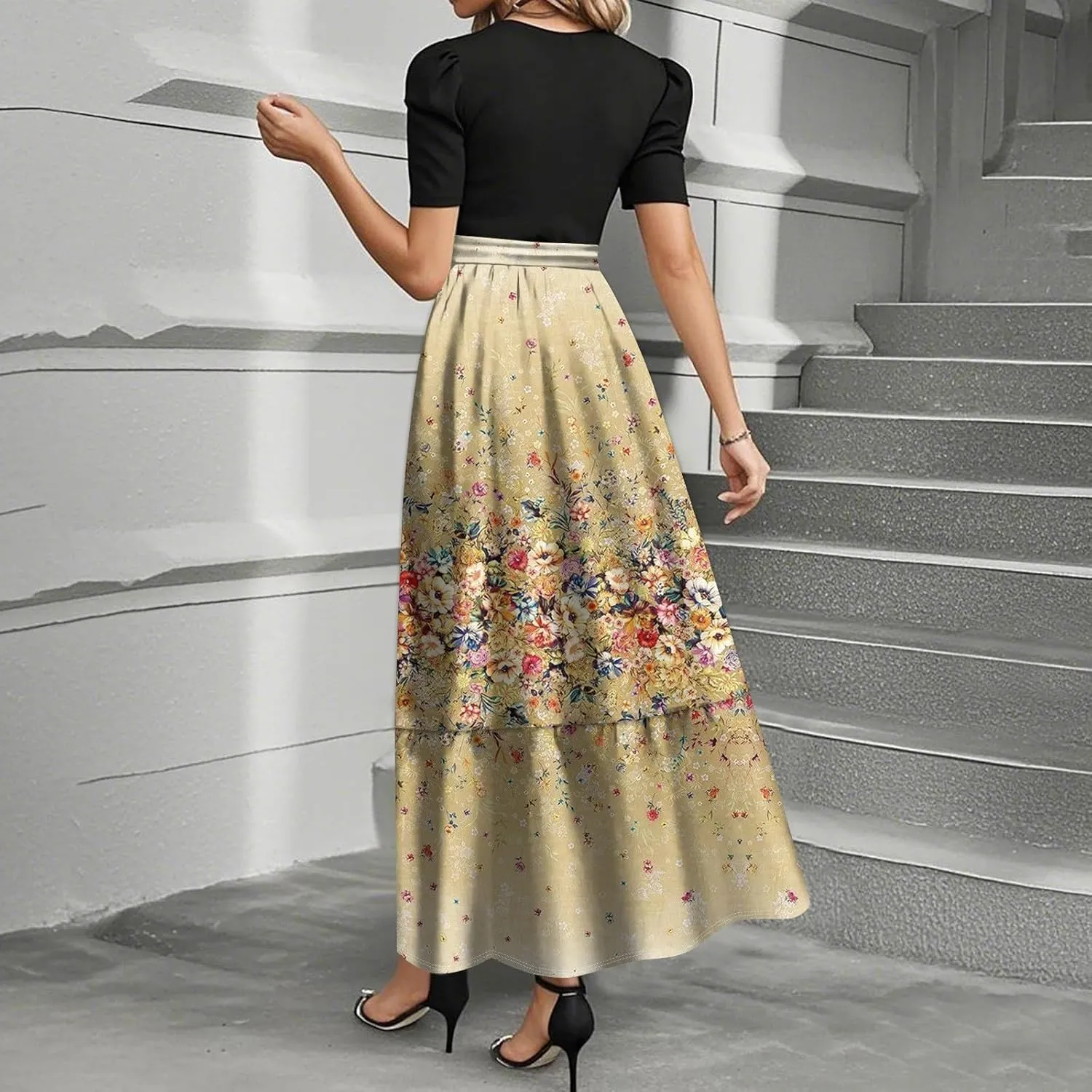 Summer Dresses for Women Elegant High Waist Maxi Dress Flowy Casual Long Dress A-Line Floral Printrd Dress with Belt
