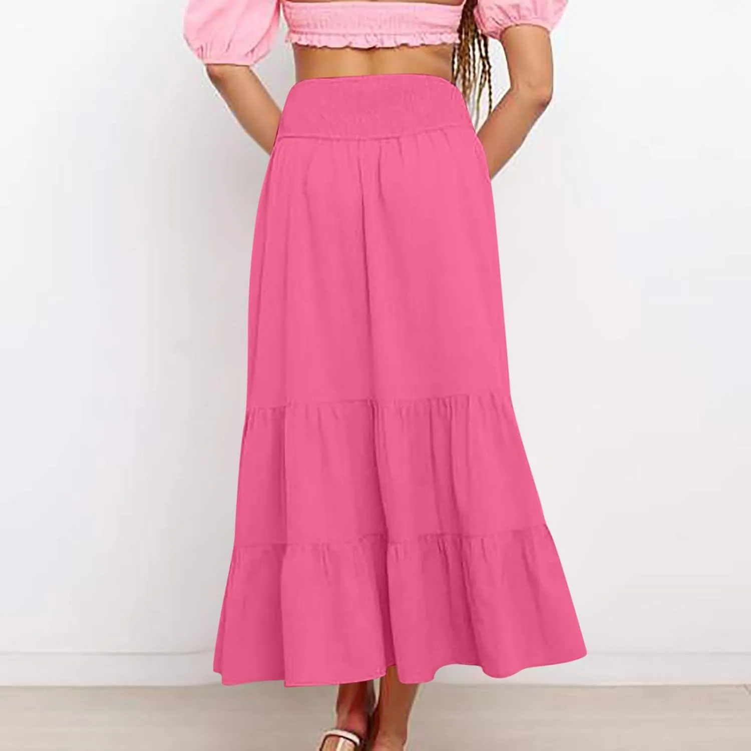 Summer Flowy Casual Long Skirt for Women, Solid Color Elastic Waist Tiered Ruched Skirts Going Out Vacation Clothes