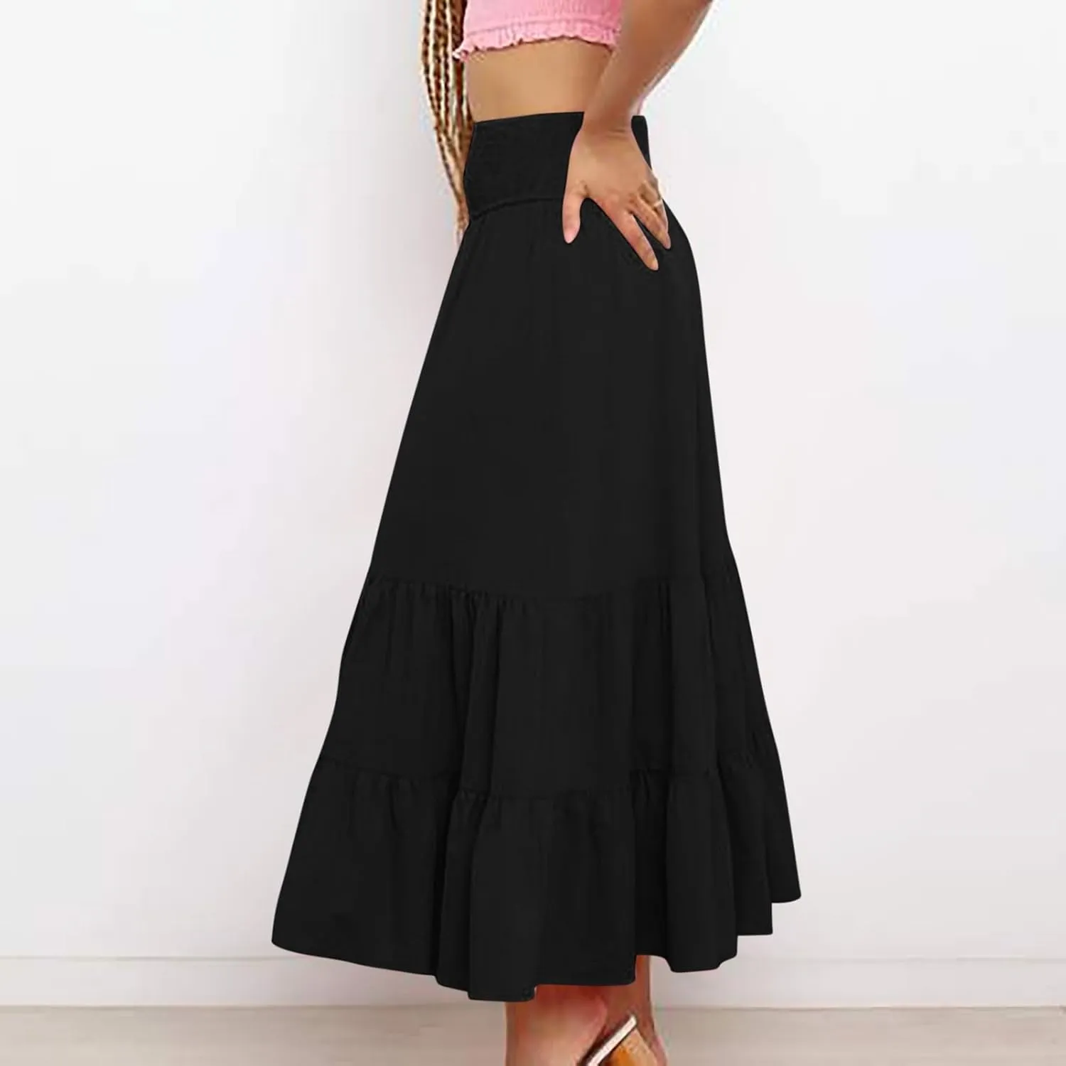 Summer Flowy Casual Long Skirt for Women, Solid Color Elastic Waist Tiered Ruched Skirts Going Out Vacation Clothes