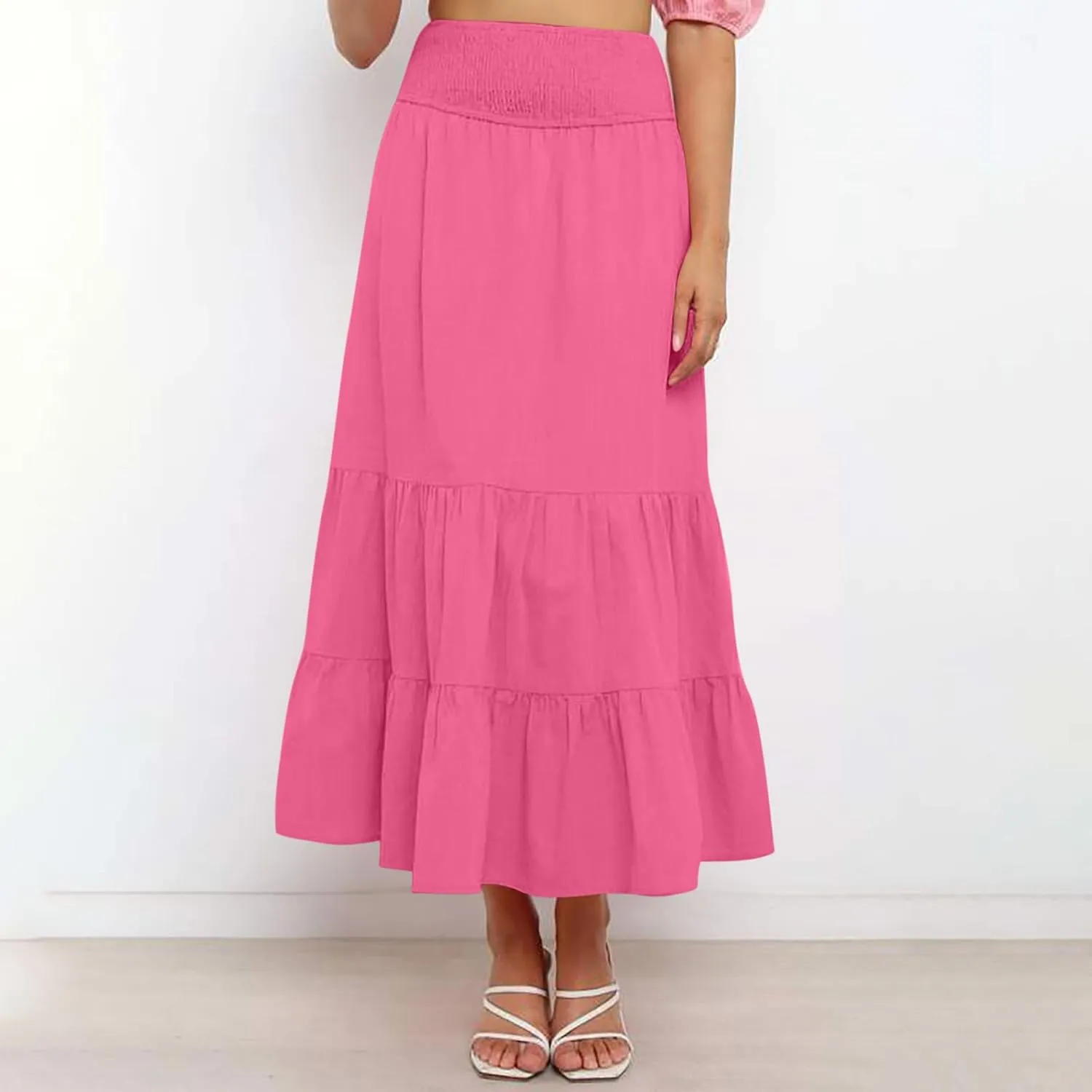 Summer Flowy Casual Long Skirt for Women, Solid Color Elastic Waist Tiered Ruched Skirts Going Out Vacation Clothes