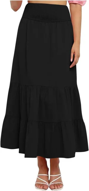 Summer Flowy Casual Long Skirt for Women, Solid Color Elastic Waist Tiered Ruched Skirts Going Out Vacation Clothes