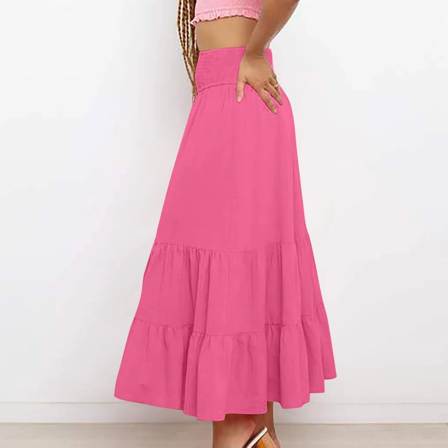 Summer Flowy Casual Long Skirt for Women, Solid Color Elastic Waist Tiered Ruched Skirts Going Out Vacation Clothes