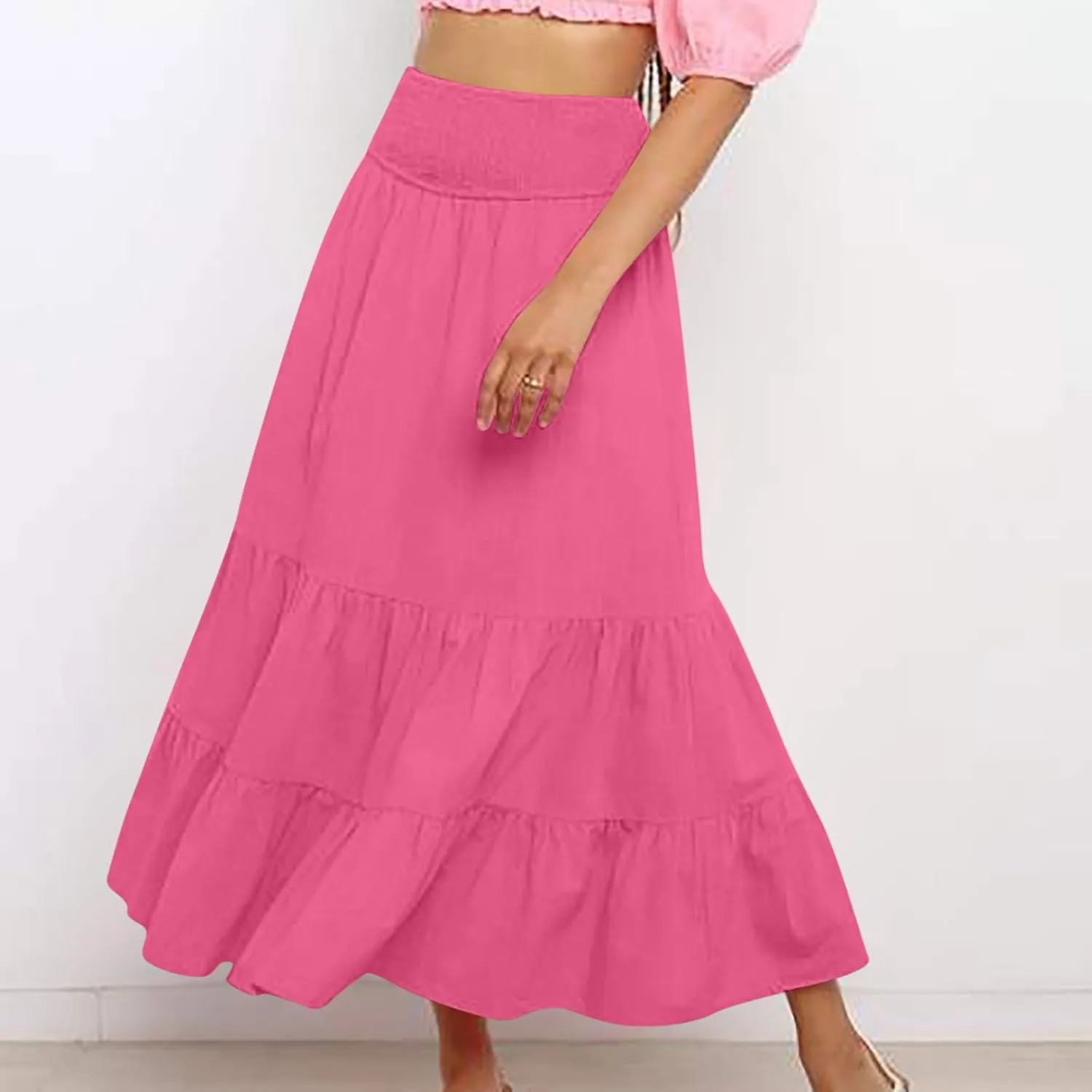 Summer Flowy Casual Long Skirt for Women, Solid Color Elastic Waist Tiered Ruched Skirts Going Out Vacation Clothes