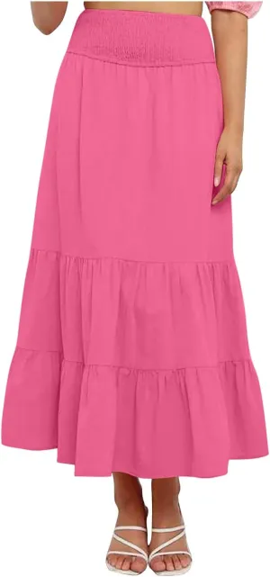 Summer Flowy Casual Long Skirt for Women, Solid Color Elastic Waist Tiered Ruched Skirts Going Out Vacation Clothes