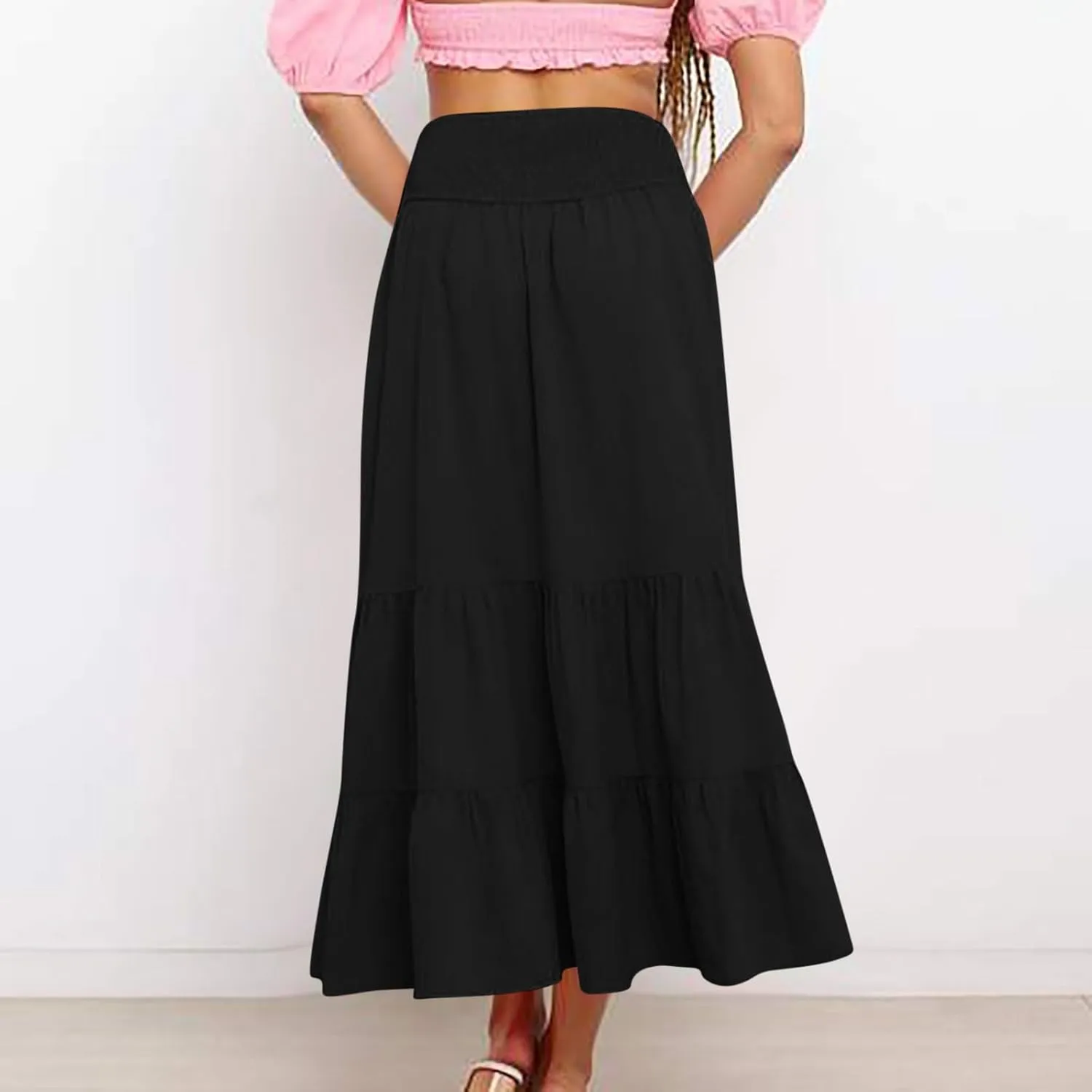 Summer Flowy Casual Long Skirt for Women, Solid Color Elastic Waist Tiered Ruched Skirts Going Out Vacation Clothes