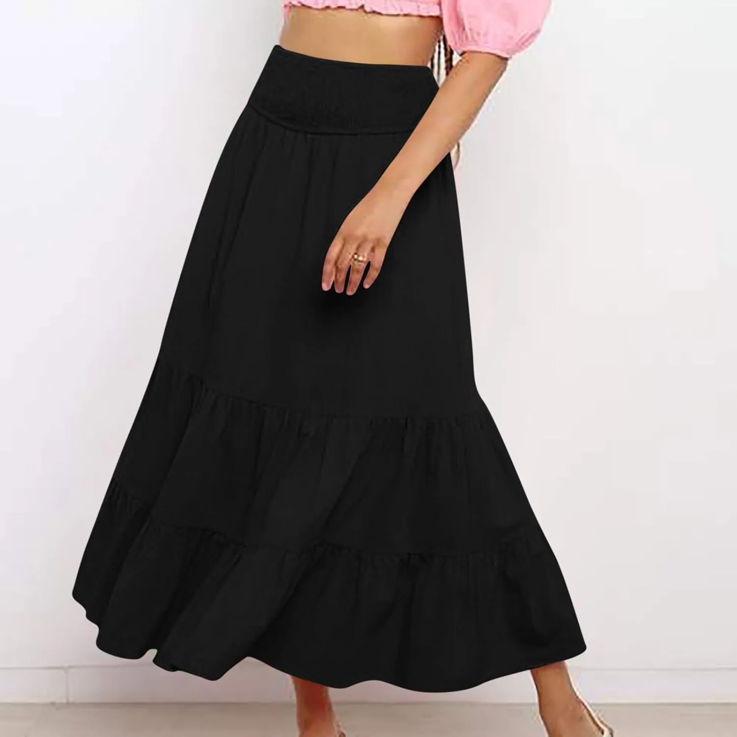 Summer Flowy Casual Long Skirt for Women, Solid Color Elastic Waist Tiered Ruched Skirts Going Out Vacation Clothes