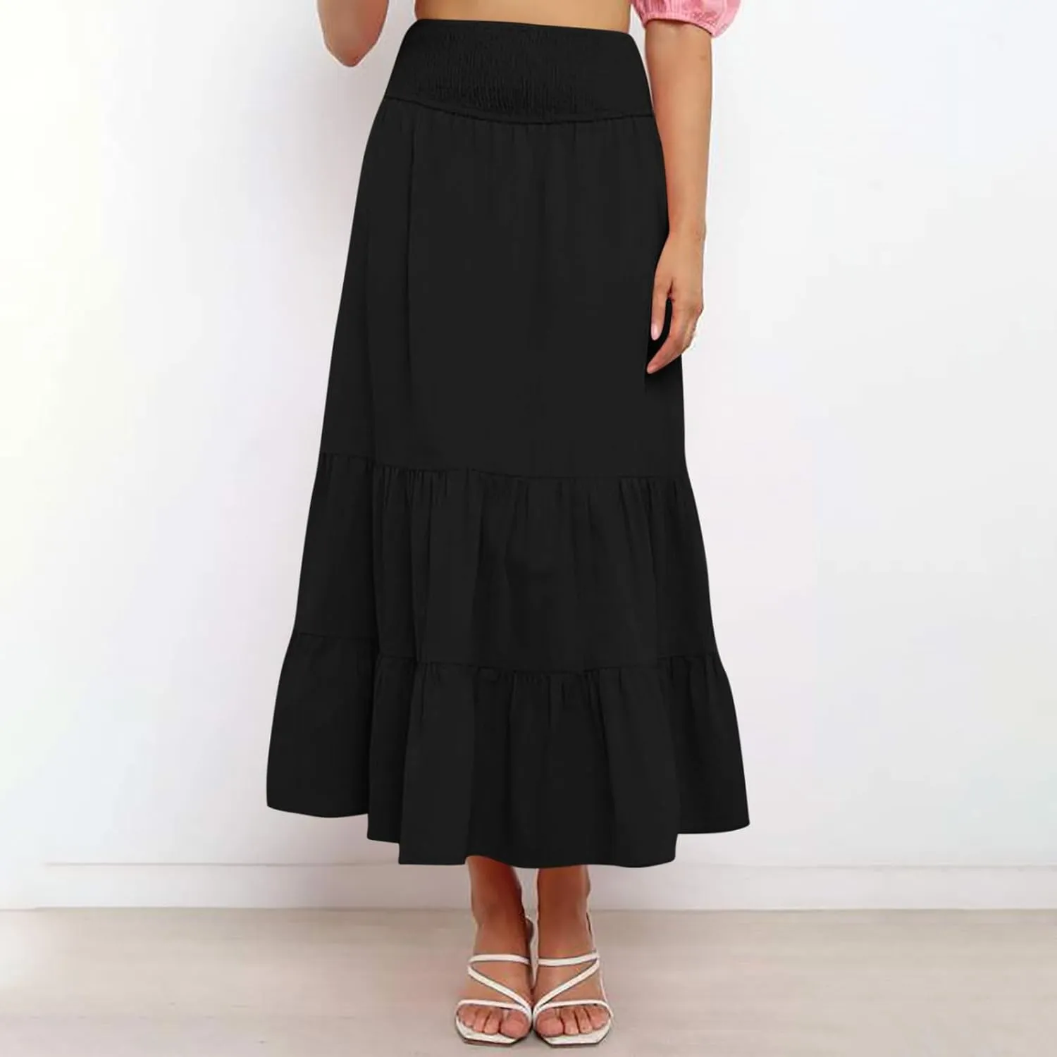 Summer Flowy Casual Long Skirt for Women, Solid Color Elastic Waist Tiered Ruched Skirts Going Out Vacation Clothes