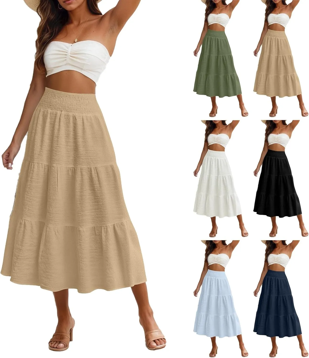 Summer Skirts for Women 2025 Vacation Elastic High Waisted Linen Maxi Skirt Casual Summer Beach Cover Up Skirts
