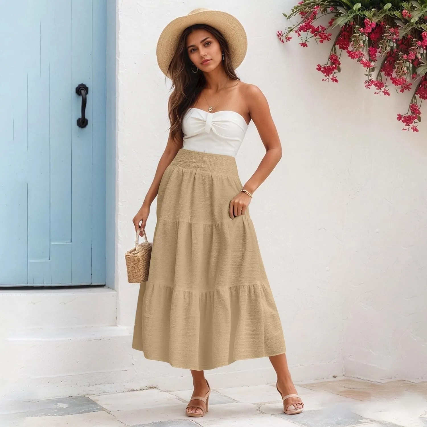 Summer Skirts for Women 2025 Vacation Elastic High Waisted Linen Maxi Skirt Casual Summer Beach Cover Up Skirts