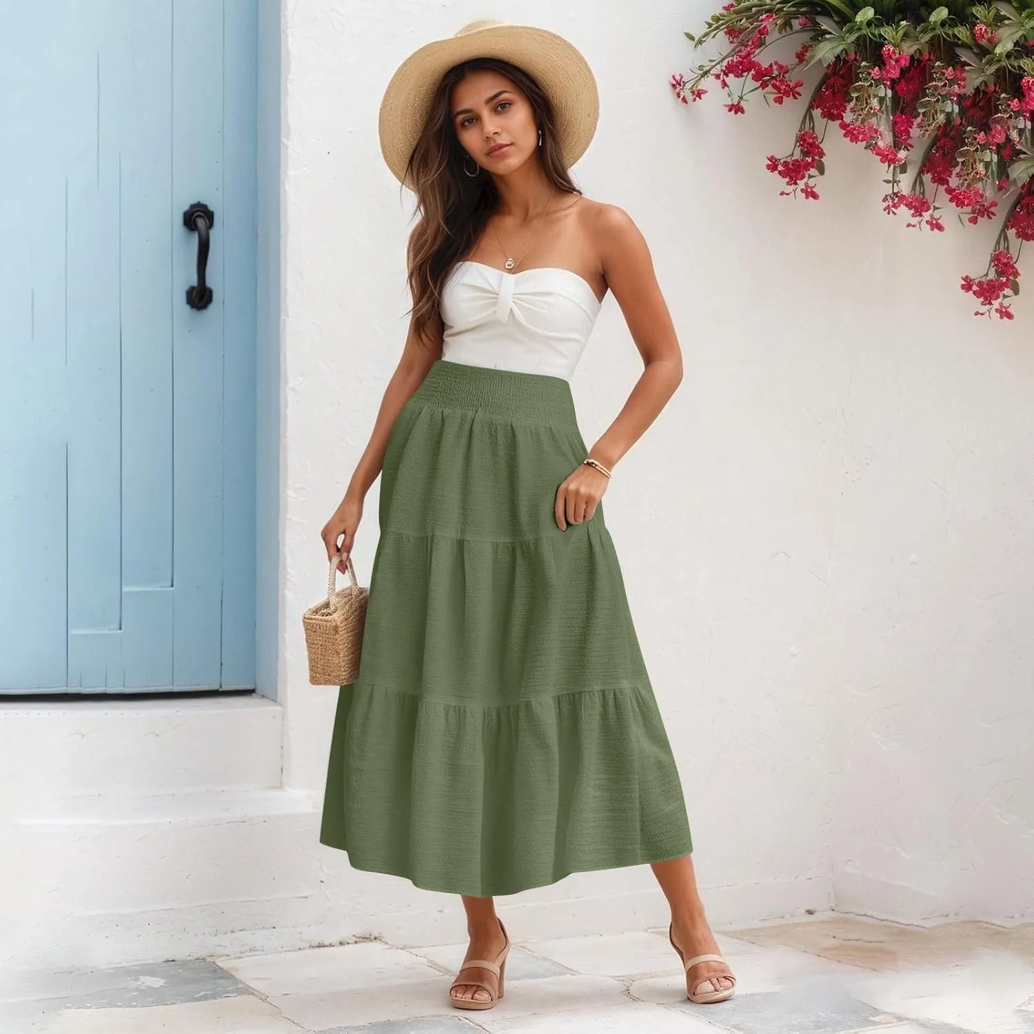 Summer Skirts for Women 2025 Vacation Elastic High Waisted Linen Maxi Skirt Casual Summer Beach Cover Up Skirts