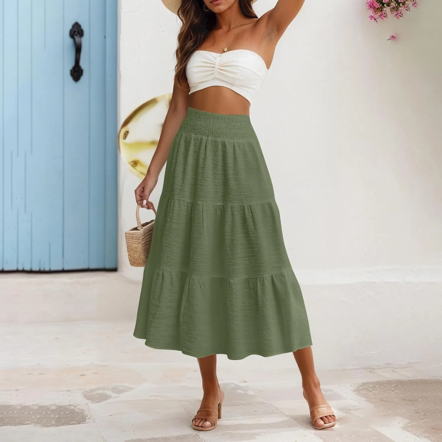 Summer Skirts for Women 2025 Vacation Elastic High Waisted Linen Maxi Skirt Casual Summer Beach Cover Up Skirts