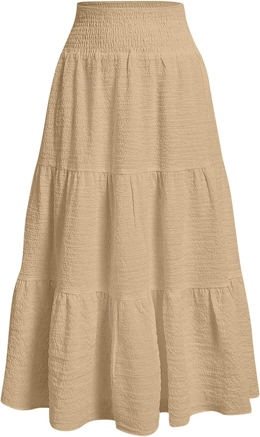 Summer Skirts for Women 2025 Vacation Elastic High Waisted Linen Maxi Skirt Casual Summer Beach Cover Up Skirts