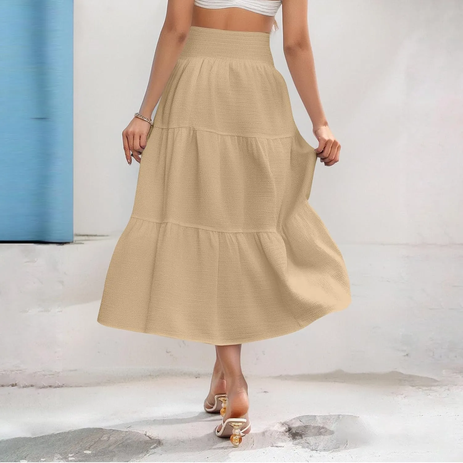 Summer Skirts for Women 2025 Vacation Elastic High Waisted Linen Maxi Skirt Casual Summer Beach Cover Up Skirts