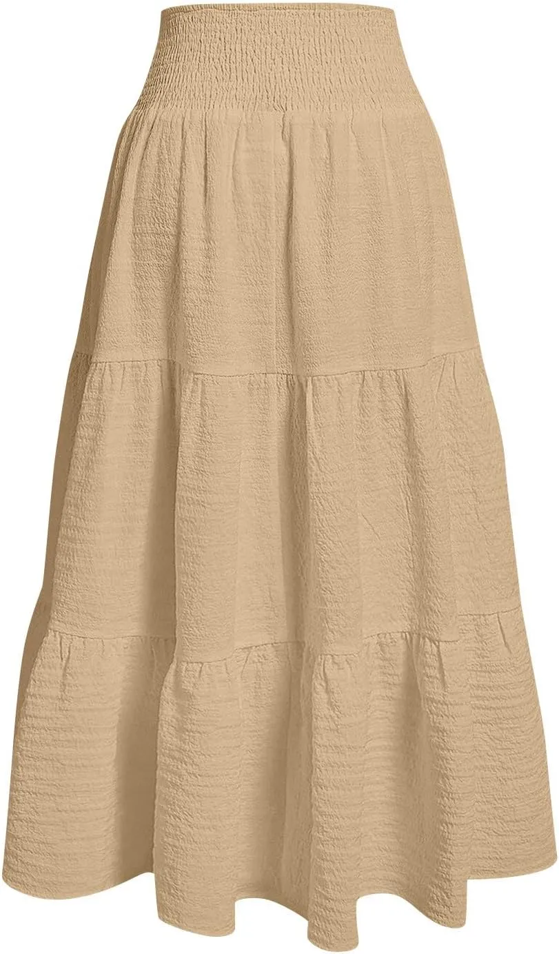 Summer Skirts for Women 2025 Vacation Elastic High Waisted Linen Maxi Skirt Casual Summer Beach Cover Up Skirts