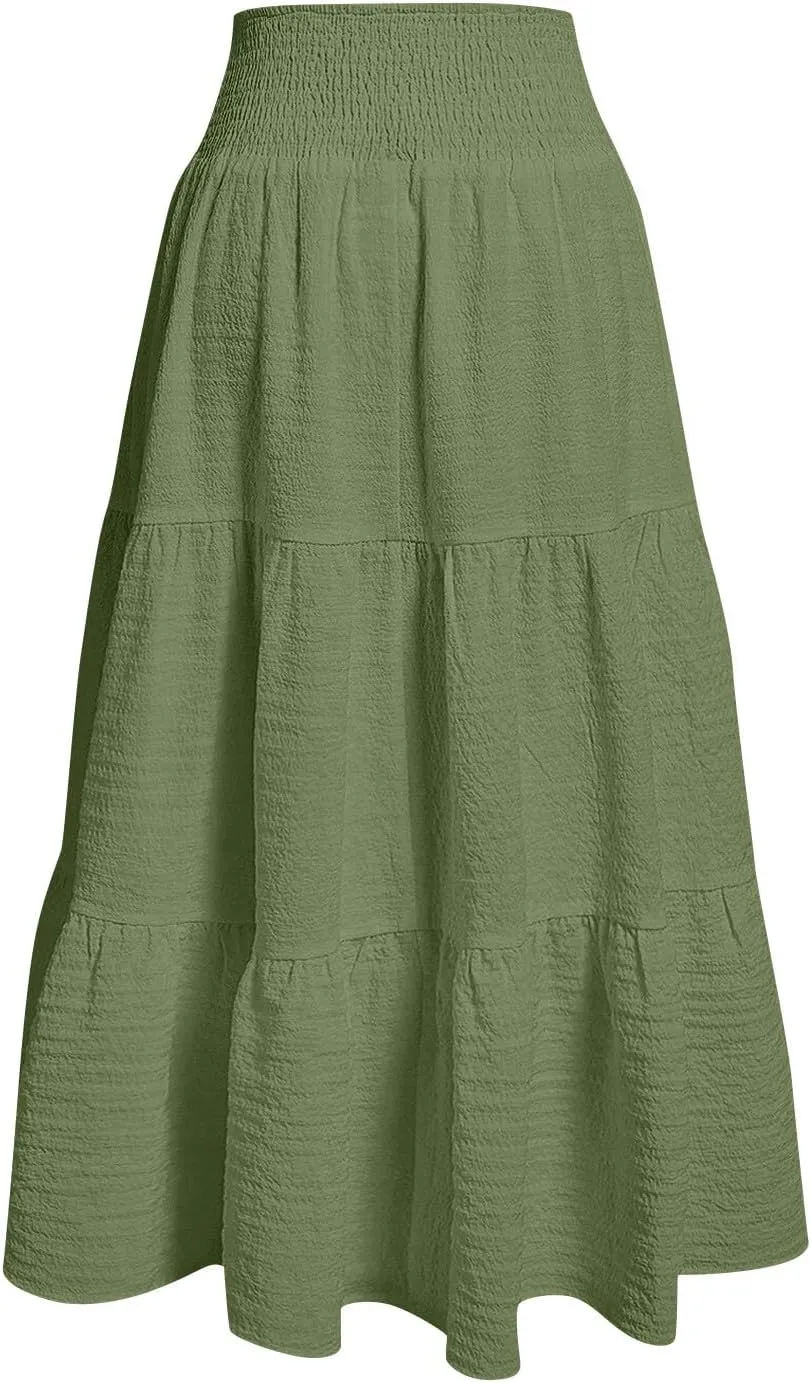 Summer Skirts for Women 2025 Vacation Elastic High Waisted Linen Maxi Skirt Casual Summer Beach Cover Up Skirts