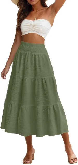 Summer Skirts for Women 2025 Vacation Elastic High Waisted Linen Maxi Skirt Casual Summer Beach Cover Up Skirts