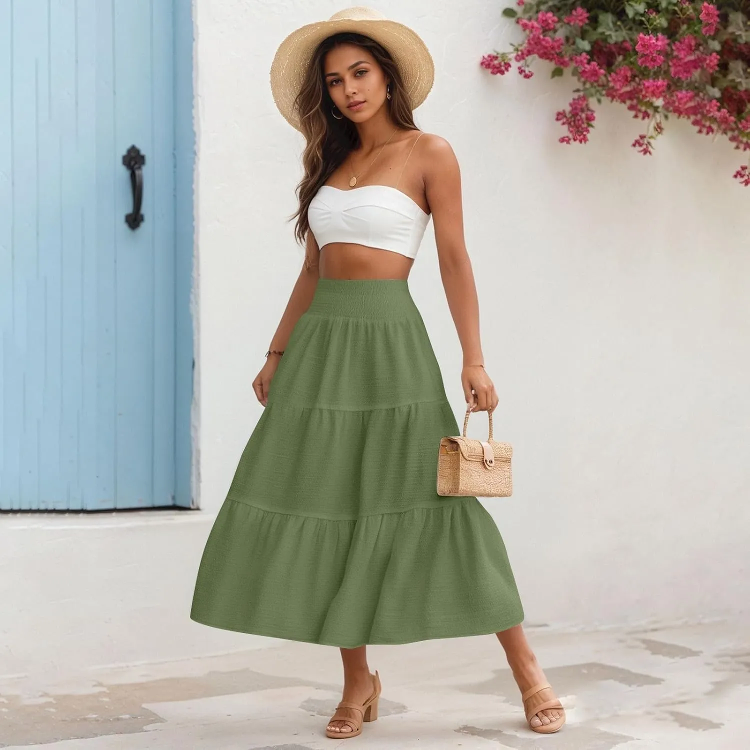 Summer Skirts for Women 2025 Vacation Elastic High Waisted Linen Maxi Skirt Casual Summer Beach Cover Up Skirts