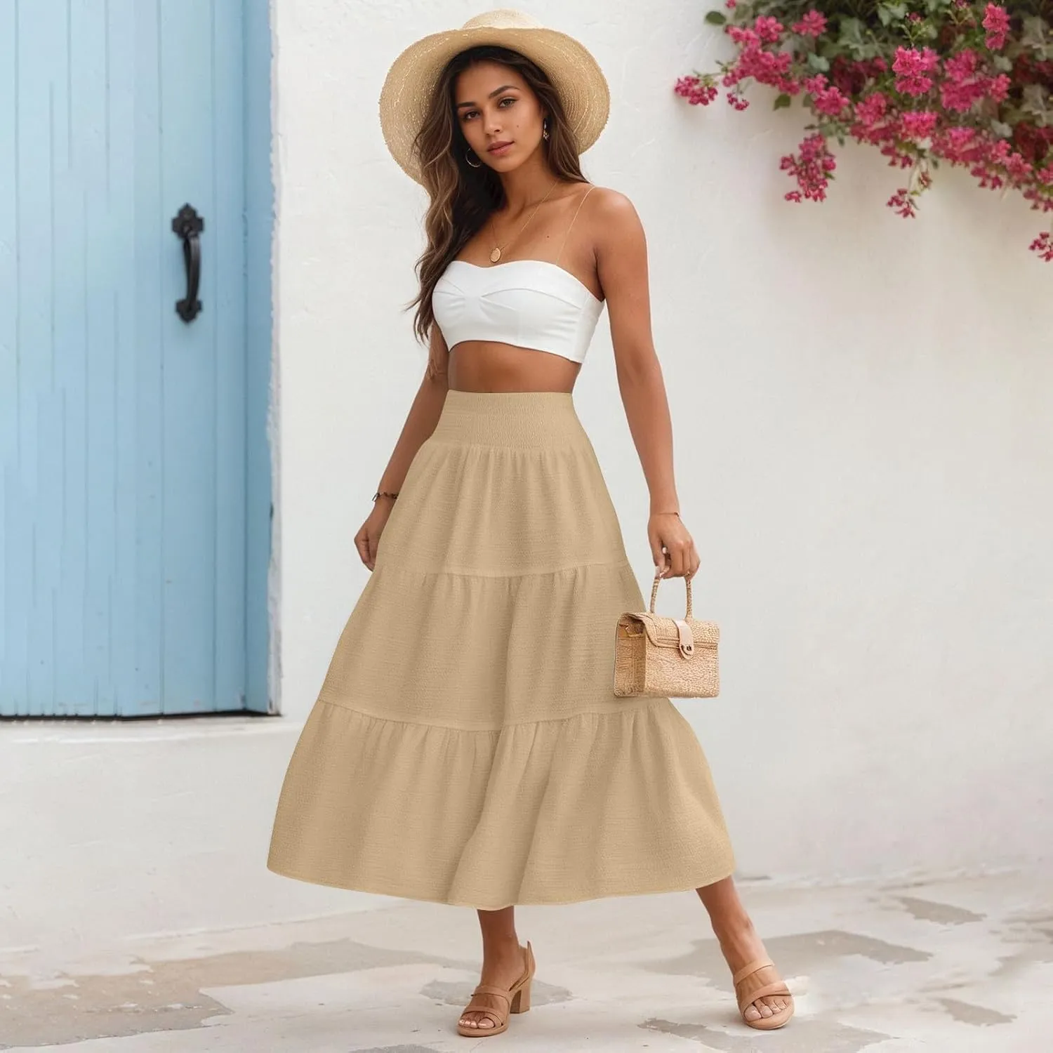 Summer Skirts for Women 2025 Vacation Elastic High Waisted Linen Maxi Skirt Casual Summer Beach Cover Up Skirts