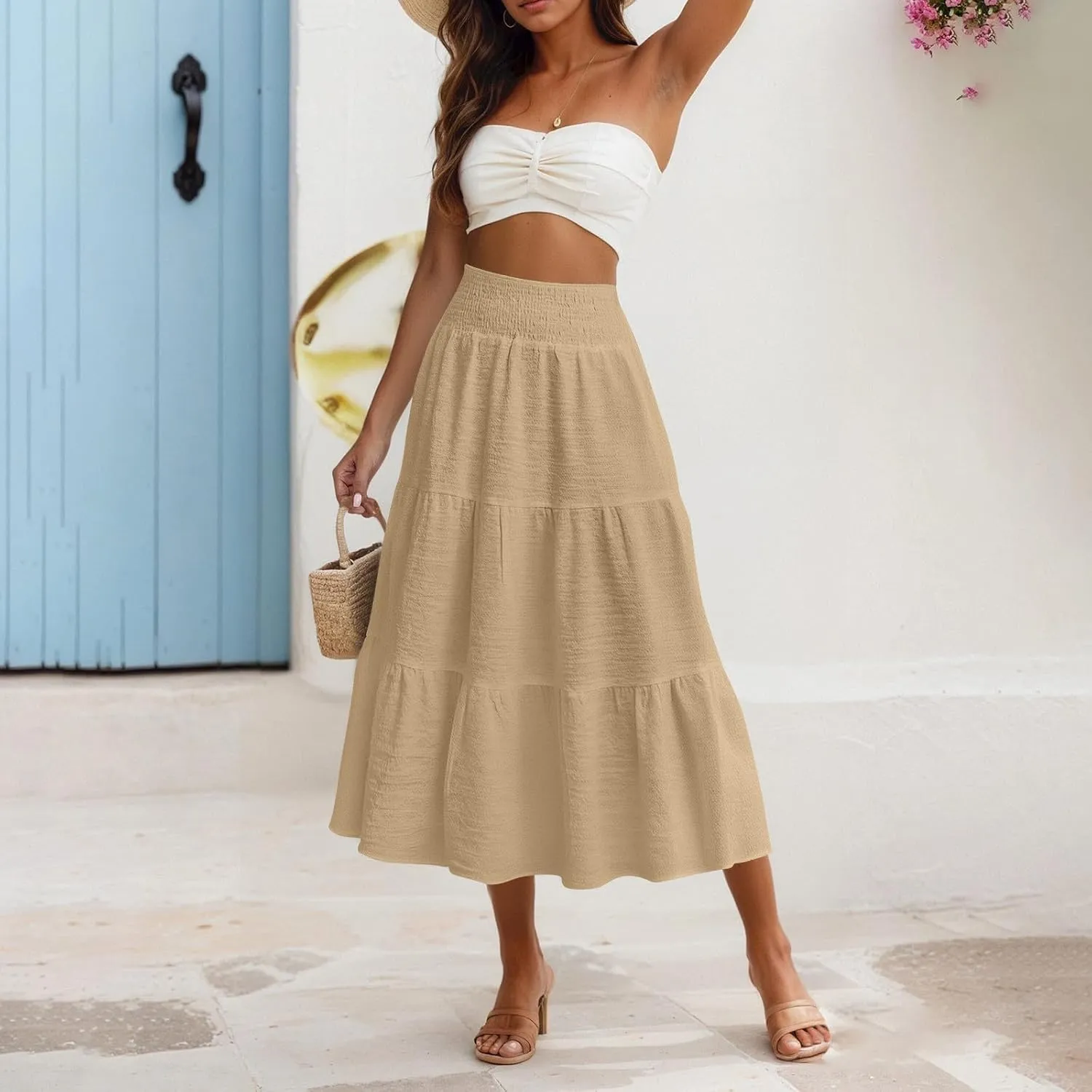 Summer Skirts for Women 2025 Vacation Elastic High Waisted Linen Maxi Skirt Casual Summer Beach Cover Up Skirts
