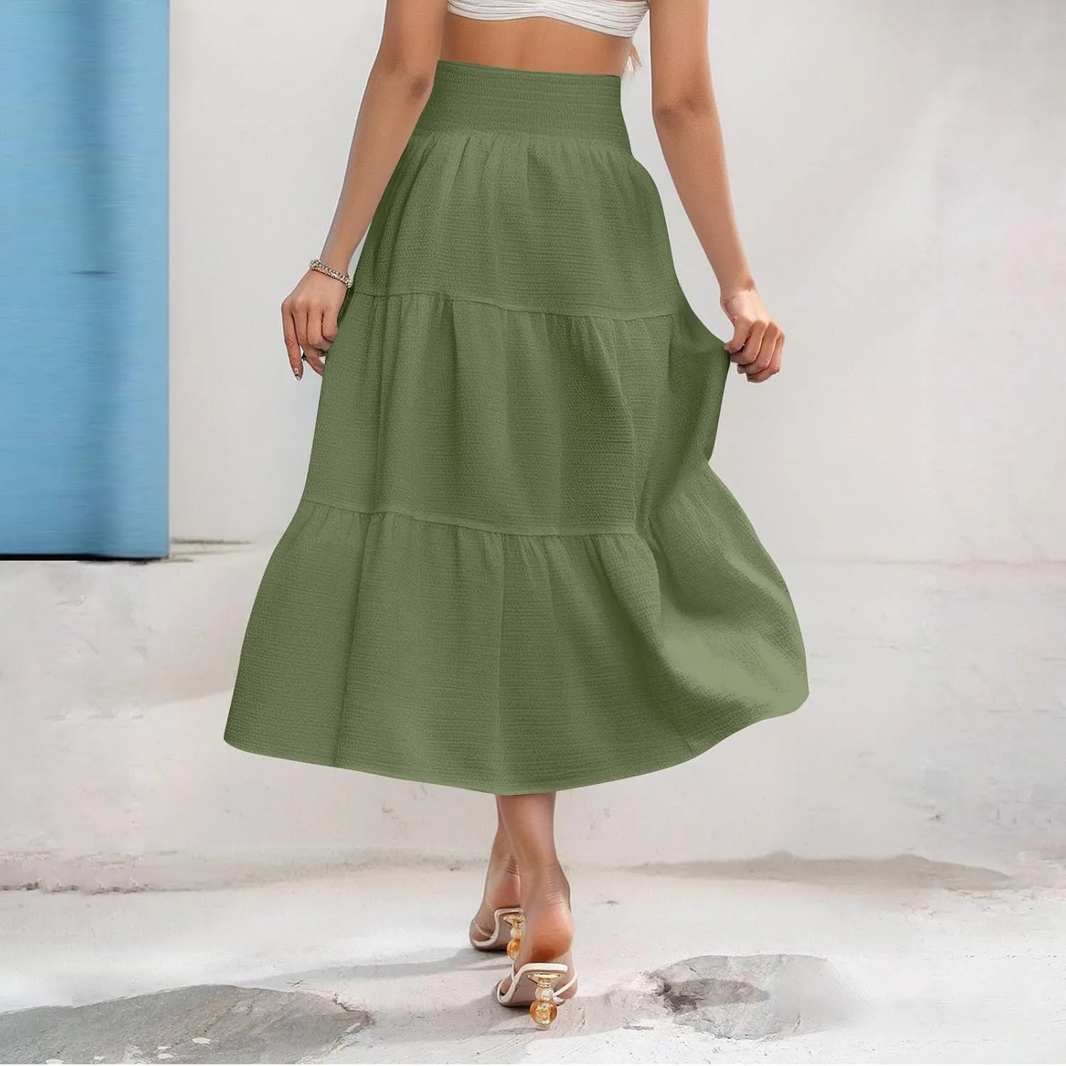 Summer Skirts for Women 2025 Vacation Elastic High Waisted Linen Maxi Skirt Casual Summer Beach Cover Up Skirts